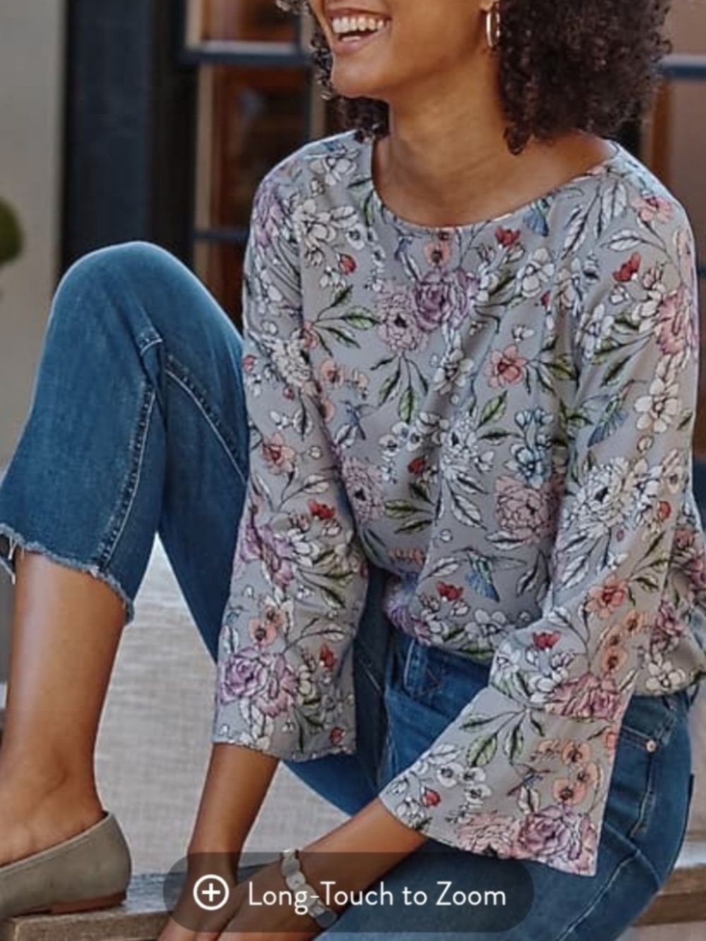 J.Jill Gray Floral Blouse with Pink Blooms 3/4 Bell sleeves Buttons on the back